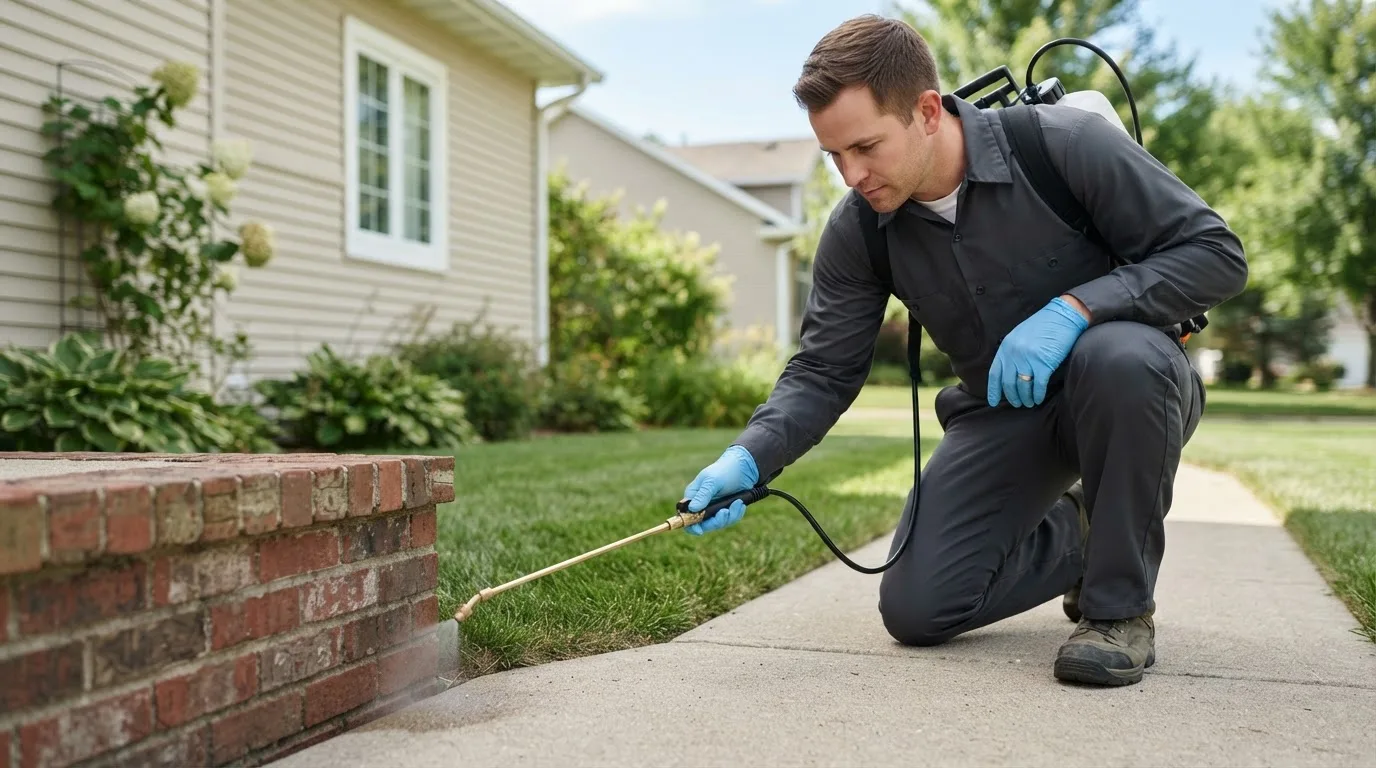 Pest control technician treating a home near Saint Marys, AK